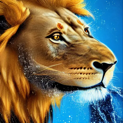 Image similar to a male lion's face breaching through a wall of water, headshot, water sprites, splashing, deep blue ocean, highly detailed, realistic digital art, trending on artstation