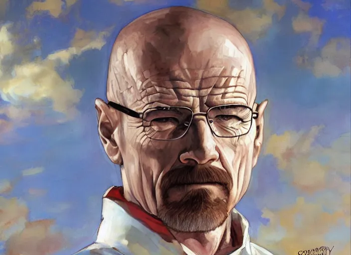 Image similar to a highly detailed beautiful portrait of walter white as superman, by gregory manchess, james gurney, james jean