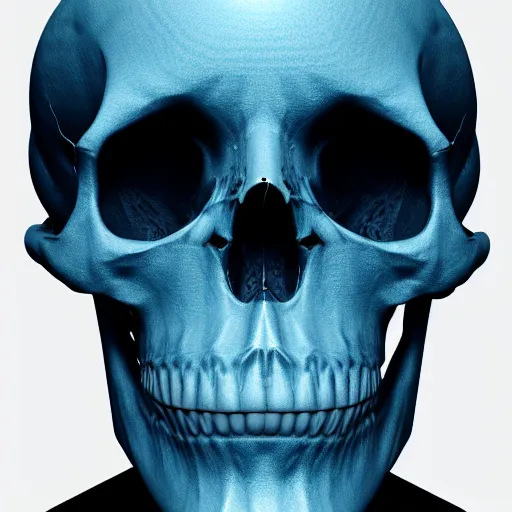 Image similar to a porcelain human skull, highly detailed, global illumination, ray tracing, blue cracks, ornate