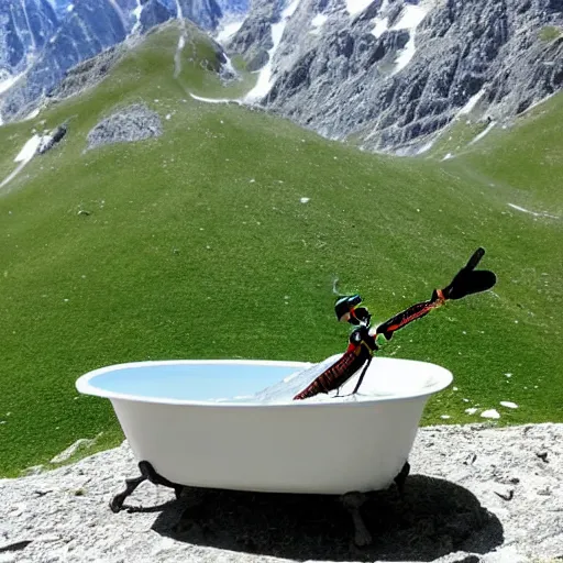 Image similar to dragonfly in a bathtub in the alps, goats!!!!!!!! in background