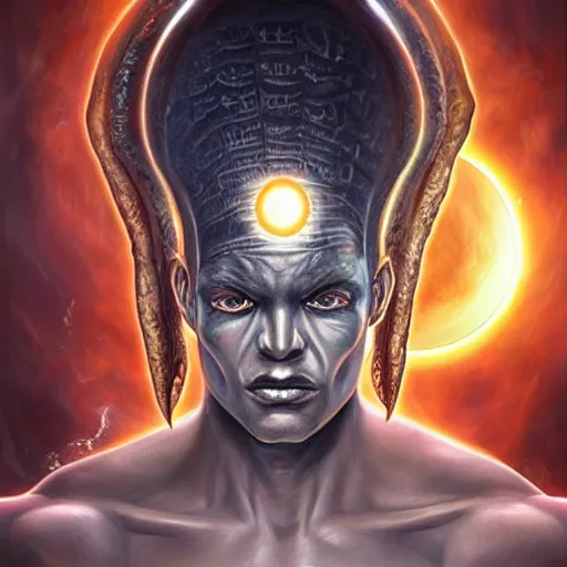 Image similar to ultra realistic upper body portrait of nyarlathotep, erebus, the god of darkness and shadow, solar eclipse, digital art by artgerm and karol bak