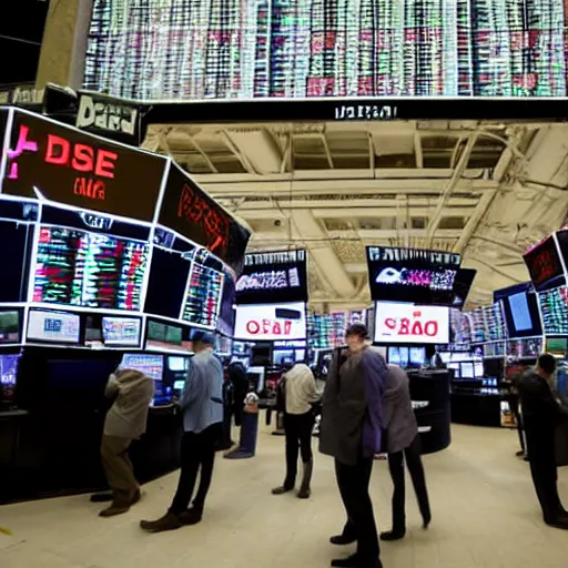 Image similar to Traders are throwing giant dices on stock market trading floor, journalism photo, award-winning