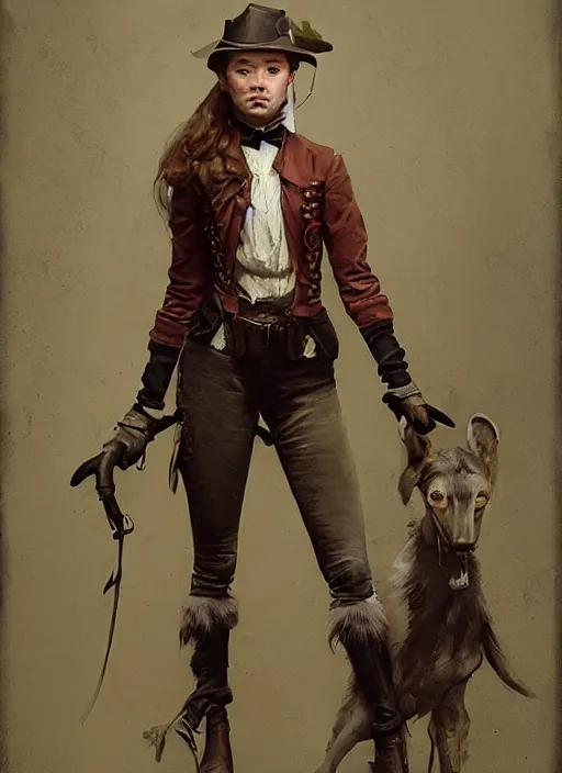 Image similar to hyper realistic photo of victorian hunter girl full body, cinematic, artstation, cgsociety, greg rutkowski, james gurney, mignola, craig mullins, jean baptiste monge, brom