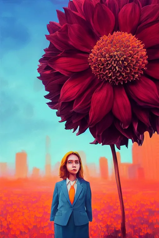 Image similar to closeup giant dahlia flower head, girl in a suit, street, surreal photography, blue sky, sunrise, dramatic light, impressionist painting, digital painting, artstation, simon stalenhag