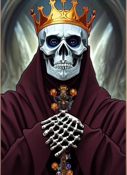 Image similar to undead skeleton king, wearing an academic gown, tarot card, highly detailed, deep focus, elegant, digital painting, smooth, sharp focus, illustration, ultra realistic, 8 k, art by artgerm and alphonse mucha and greg rutkowski