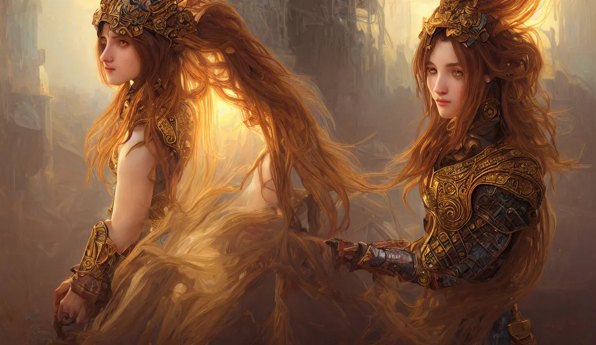 Image similar to portrait light brown hair knights of zodiac girl, metalic orange and dark blue reflected armor, in ruined agora of athens, ssci - fi, fantasy, intricate, very very beautiful, elegant, golden light, highly detailed, digital painting, artstation, concept art, smooth, sharp focus, illustration, art by tian zi and wlop and alphonse mucha