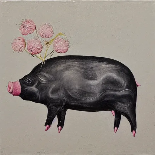 Image similar to “pig paintings and pig sculptures in a pig art gallery, pork, ikebana white flowers, white wax, squashed berries, acrylic and spray paint and oilstick on canvas, by munch and Dali”