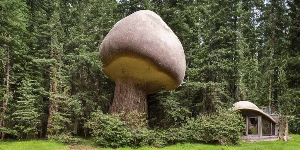 Image similar to large tower residence made from an enormous mushroom, washington state