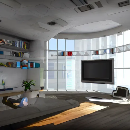 Prompt: Portal 2 style living room, futuristic