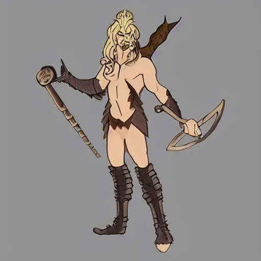 Image similar to a refined dnd satyr with flowy blonde hair, hes very confident wearing some leather armor and a set of pan flutes, very fancy, refined materials