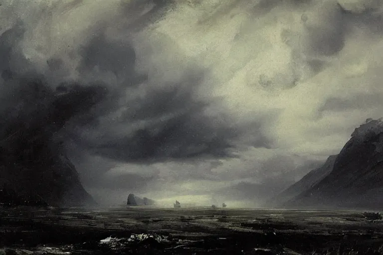 Prompt: awesome landscape rain by peder balke