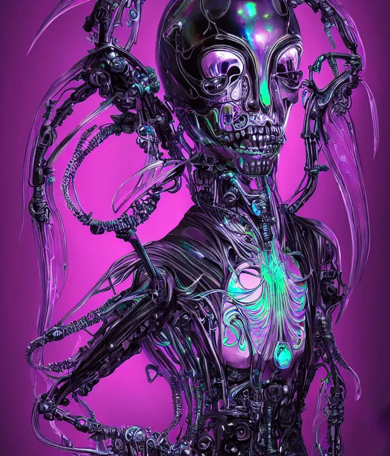 Image similar to fully symmetrical centered iridescent portrait of a beautiful princess of death in robe. skulls artificial muscles, ribcage, bones, hard surface modelling. cyberpunk look. biomechanical mask. bio luminescent biomechanical halo around head. neon jellyfish. artwork by jarold Sng by artgerm, by Eddie Mendoza, by Peter mohrbacher by tooth wu, unreal engine, octane render, cinematic light, high details, iridescent colors, dichroic, macro, depth of field, blur