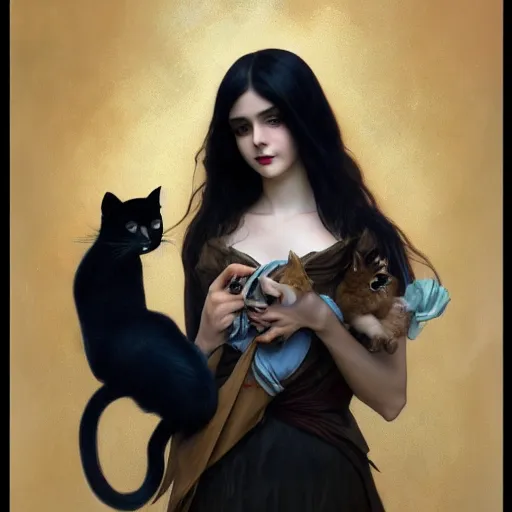 Image similar to cute goth girl with long dark hair parted sideways thick eyebrows and dark eyes, she is holding a cat in her arms, by juan villafuerte, greg rutkowski and alphonse mucha, pexels contest winner, high quality photo, rtx, hd