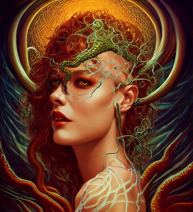 Image similar to eldritch horror goddess, cthulhu, cosmic, trending on artstation, portrait, tarot card, digital art by artgerm and karol bak