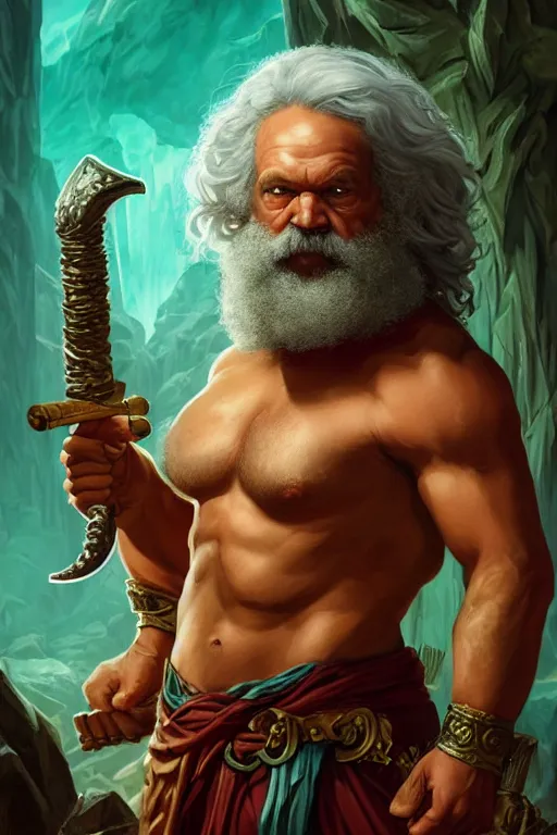 Image similar to character portrait of karl marx as a buff wild magic barbarian with a tattoo of an eye on the forehead, dungeons and dragons cover artwork, dynamic composition, dramatic lighting, trending on artstation, award winning art, stylized painting by sophie anderson, wayne barlowe, richard corben, concept art, 4 k, 8 k, gold and teal color scheme