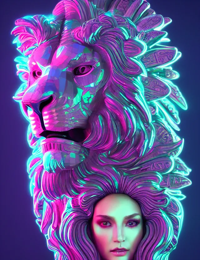 Image similar to 3 d goddess medium shot portrait with hyperdimensional totem implants. beautiful intricately detailed avante garde lion mask and retrowave sorceress outfit. neon, bio luminescent,, artwork by tooth wu and wlop and android jones and beetle and greg rutkowski