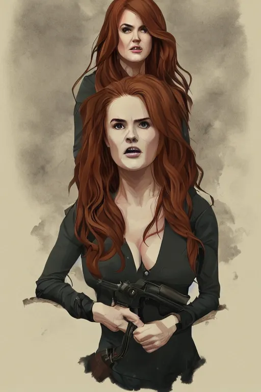 Image similar to isla fisher in sleepy hollow, full body, big two toned eyes, teeth gritted, horror, intricate details, cinematic, epic, realistic, anatomy, tomer hanuka, uplight, artstation, photorealistic, scary