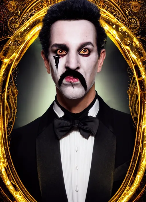 Image similar to hyperrealistic mixed media portrait of a devious male magician, stunning 3d render inspired art by Wesley Burt and Manuel Sanjulian + perfect facial symmetry + dim volumetric lighting, ornate black tuxedo, swirling wispy smoke, energy vortex, 8k octane beautifully detailed render, post-processing, extremely hyperdetailed, intricate, epic composition, grim yet sparkling atmosphere, cinematic lighting + masterpiece, trending on artstation, Art Nouveau