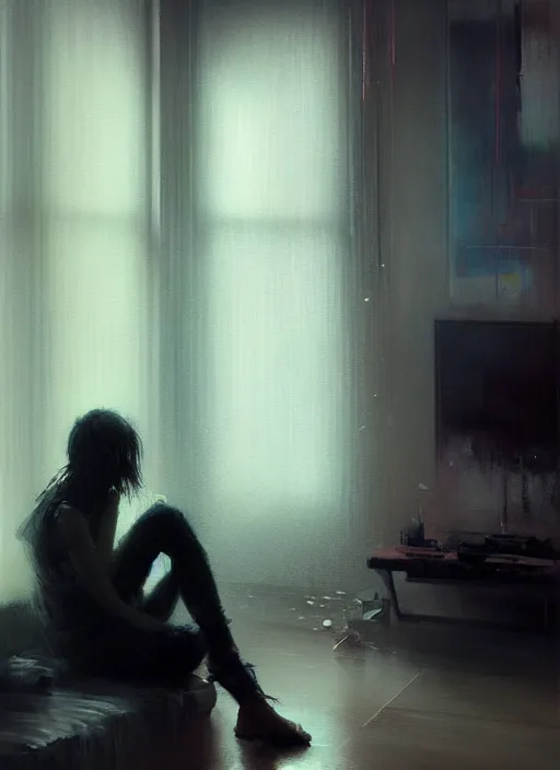 Image similar to a portrait of a sad woman inside a modern apartment, intricate oil painting, hyperdetailed, ethereal, cinematic, dramatic lighting, by jeremy mann and ruan jia and ilya kuvshinov