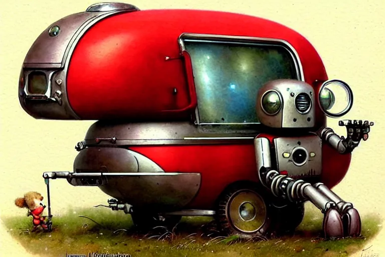 Image similar to adventurer ( ( ( ( ( 1 9 5 0 s retro future robot android mouse rv wagon motorhome robot. muted colors. ) ) ) ) ) by jean baptiste monge!!!!!!!!!!!!!!!!!!!!!!!!! chrome red