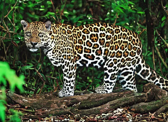 Image similar to jaguar the animal in the forest but it has the body of a jaguar car, professional natural geographic jungle photo