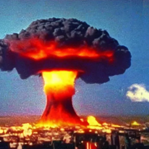 Prompt: nuclear explosion, mushroom cloud, 2 4 0 p full color grainy footage, 2 0 0 6 youtube video, shockwave destroyed buildings, helicopter footage over city, fleeing crowds of people — ar 4 : 3