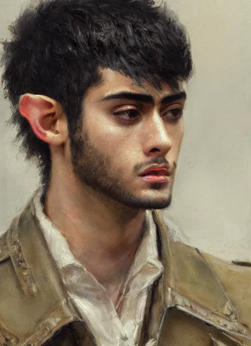 Prompt: close up head and shoulders portrait painting of young man who looks like zayn malik as an elf by jeremy mann, wearing leather napoleonic military style jacket, only one head single portrait, pointy ears