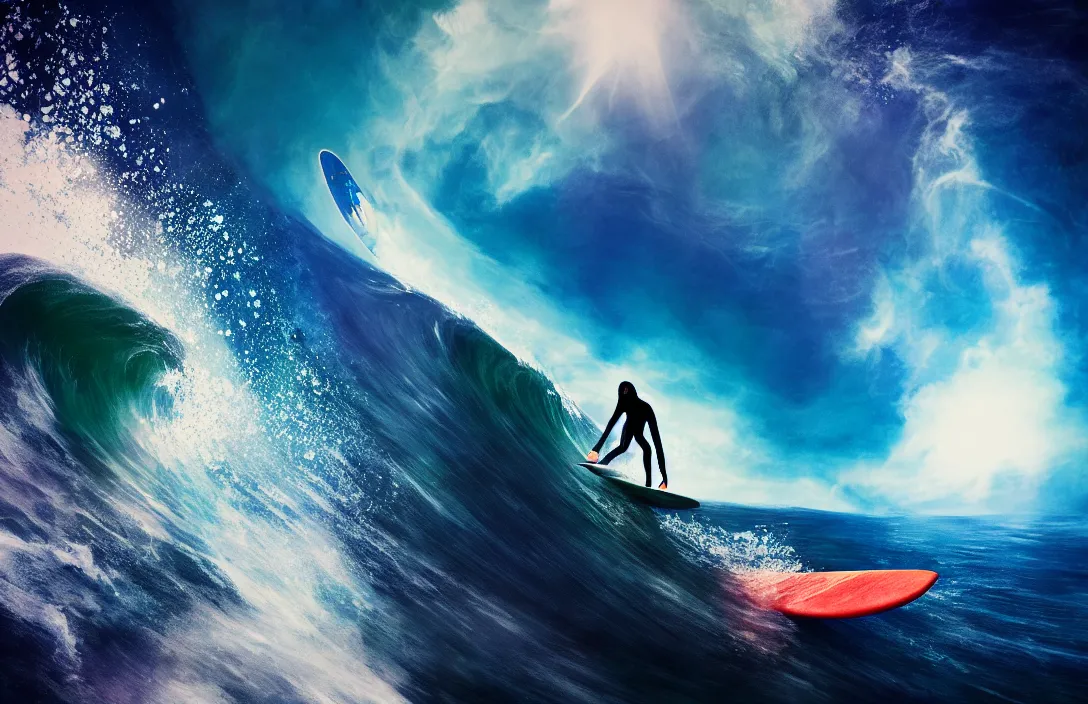 Image similar to surfing the waves of space by ben wanat ; cosmic, insane details, photography, unreal engine ;