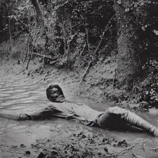 Prompt: grainy 1 8 0 0 s newspaper photo of a british explorer laying face down in the mud in a jungle