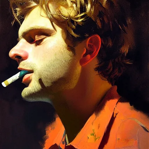 Image similar to portrait of mac demarco smoking a cigarette, detailed face, detailed painting, epic lighting, by ilya repin, phil hale and kent williams