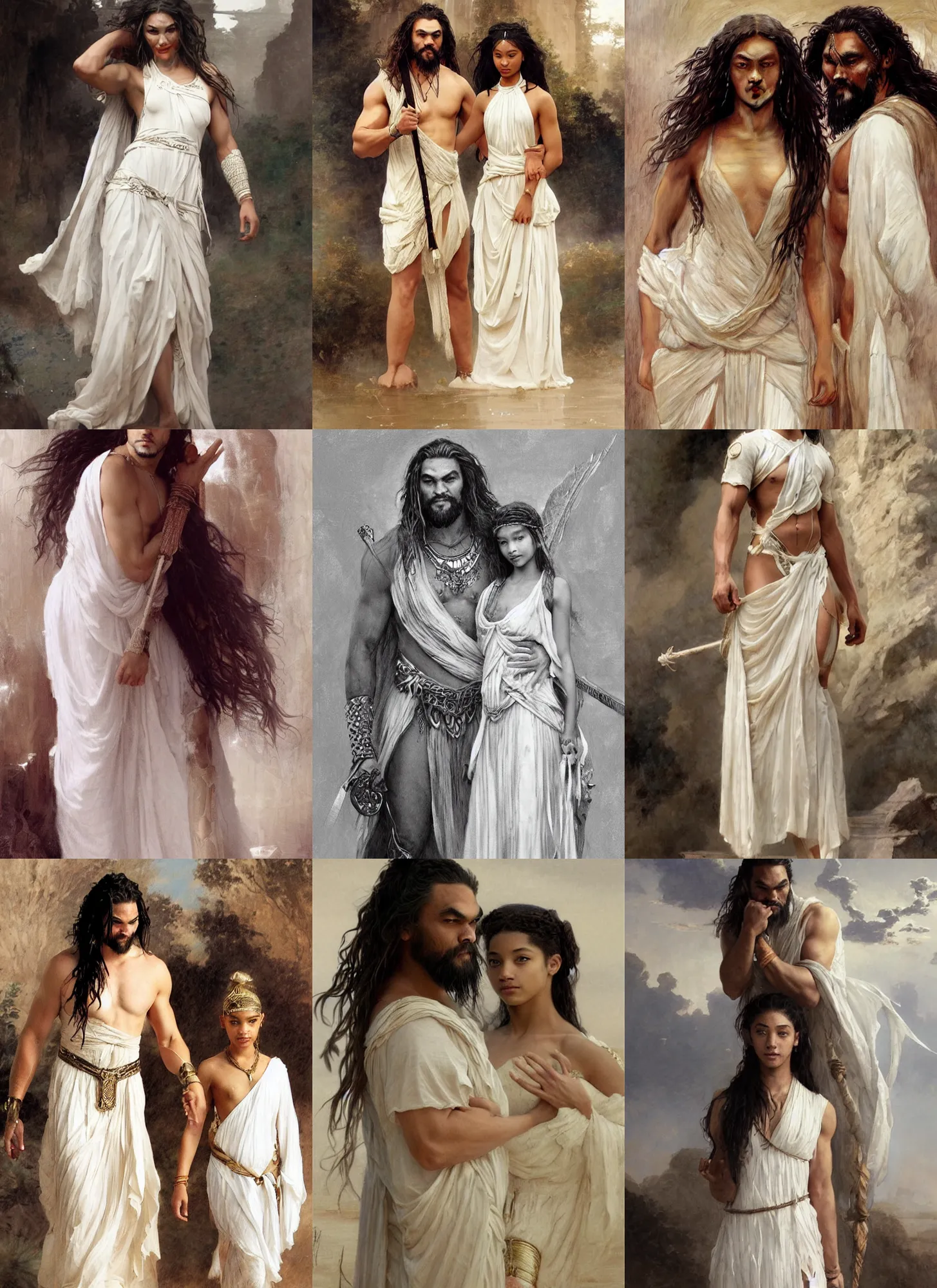 Prompt: jason momoa with willow smith as ancient assyrians, white dress, intricate, elegant, highly detailed, artstation, concept art, sharp focus, ruan jia, jurgens, orientalism, bouguereau