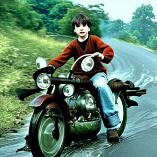Image similar to young Harry Potter driving a motorcycle while being chased by alligators