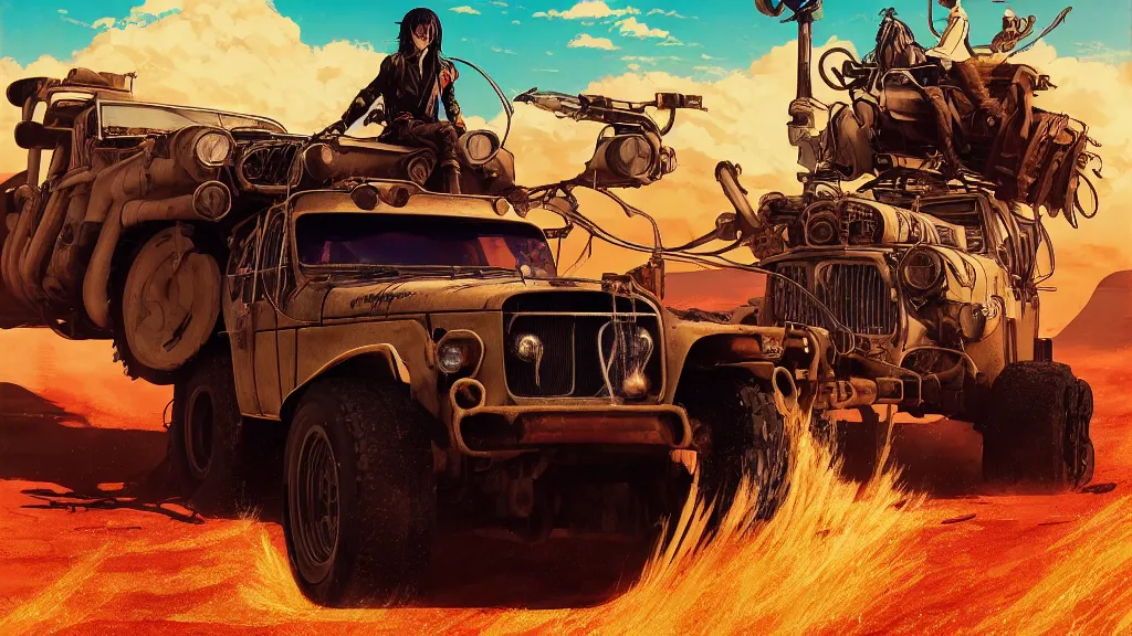 Image similar to anime illustration of mad max's fj 4 0 pursuit special riding fury road eternal shiny and chrome, world of fire and blood, the last v 8 interceptor driving down to the gates of valhalla highway, by makoto shinkai, ilya kuvshinov, lois van baarle, rossdraws, basquiat, global illumination ray tracing hdr