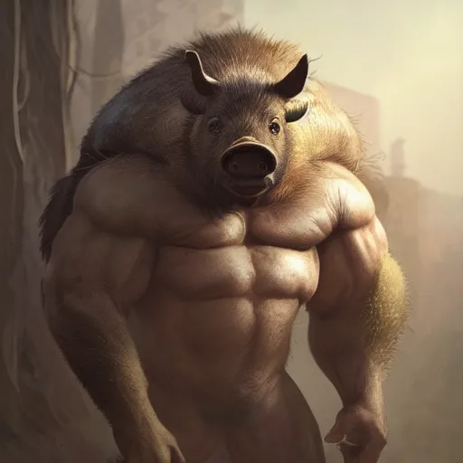 Image similar to boar - man hybrid, body builder body, furry body, hyper detailed, digital art, trending in artstation, cinematic lighting, studio quality, smooth render, unreal engine 5 rendered, octane rendered, art style by klimt and nixeu and ian sprigger and wlop and krenz cushart