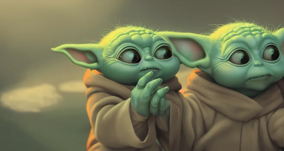 Prompt: a beautiful painting of baby yoda by studio ghibli, gigantic, octane render, brilliantly coloured, intricate, ultra wide angle, trending on artstation, dusk, volumetric lighting, polished, micro details, ray tracing, 8k