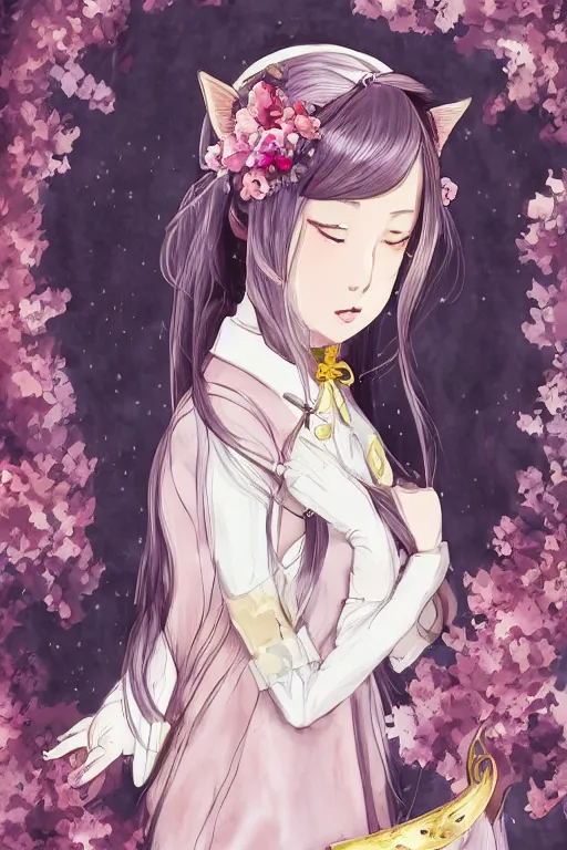 Prompt: young beautiful fantasy nekomimi girl with long flowing purpure hair and cat ears by Hayao Miyazaki Studio Ghibli, anime catgirl, artwork by ROSSDRAWS, face with harmonious human features , watercolor, golden ratio, elegant, ornate, pink flowers, victorian wallpaper, character concept, octane, digital painting, rule of thirds, trending on artstation, high quality print, fine art with subtle redshift rendering