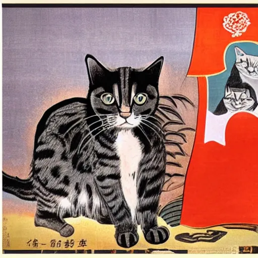Image similar to picture of a cat on a chinese maoist propaganda poster