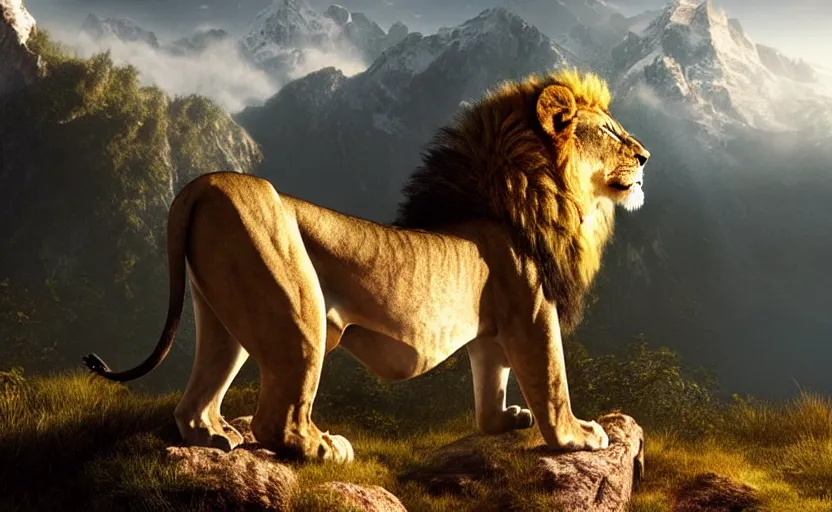 Image similar to a beautiful photo of lion roar on mountain, hyper realistic, natural light, concept art, cozy atmospheric and cinematic lighting