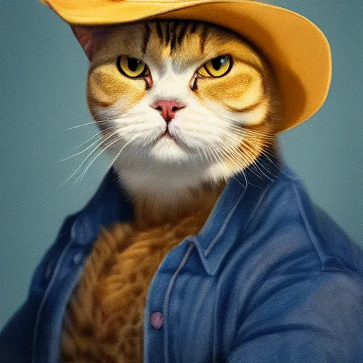 Prompt: Scottish fold cat wearing a cowboy hat portrait, atmospheric lighting, painted, golden ratio, golden hour, intricate, highly detailed by Rembrandt