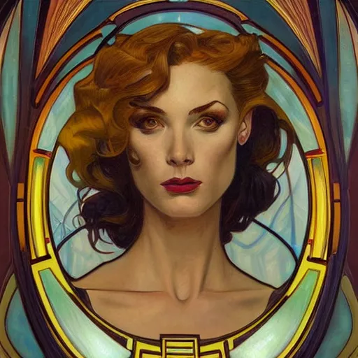 Image similar to a streamline moderne painting in the style of donato giancola, and in the style of charlie bowater, and in the style of alphonse mucha. symmetry, smooth, sharp focus, semi - realism, intricate detail.