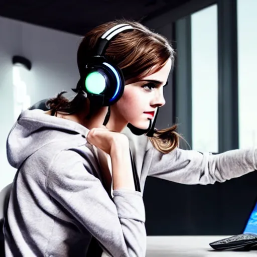 Image similar to model emma watson rgb keyboard wearing a gaming headset wearing hoodie sitting on gaming chair at desk dramatic lighting controller award winning photo