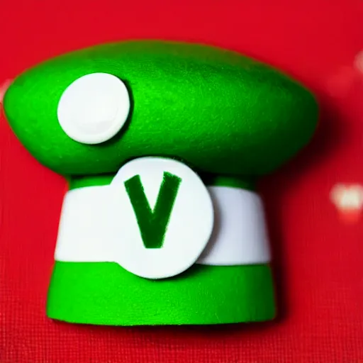 Image similar to a green mario mushroom with the letter v on its'top