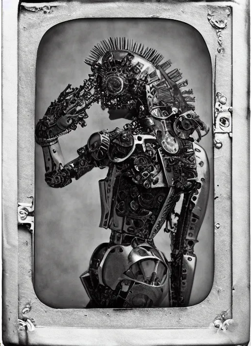 Image similar to old wetplate daguerreotype portrait of a futuristic silver armored headless marie antoinette cyborg, fractal, intricate, elegant, highly detailed, parallax, leica, medium format, subsurface scattering, by jheronimus bosch and greg rutkowski and louis jacques mande daguerre