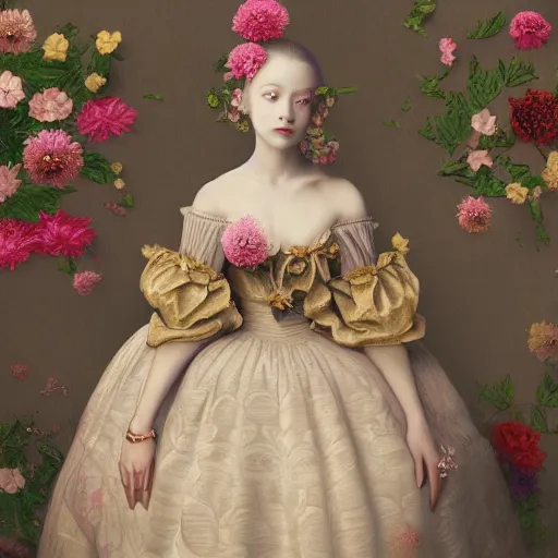 Image similar to 8k, octane render, realism, tonalism, renaissance, rococo, baroque, portrait of a young lady wearing long harajuku manga dress with flowers and skulls, background chaotic gold leaf flowers