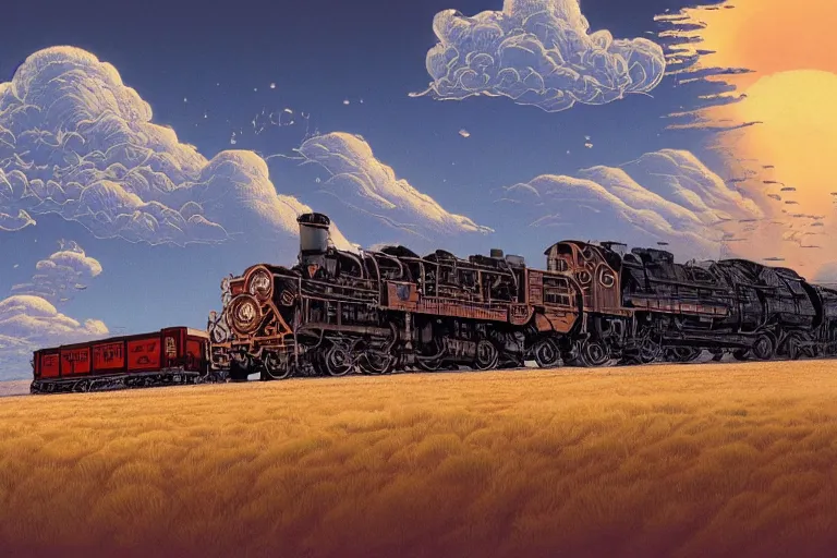 Image similar to old western freight train illustration by joe fenton and syd mead and p. craig russell and barry windsor - smith, artstation, 4 k, graphic novel, concept art, matte painting, steam engine spewing billowy white clouds of steam, beautiful idyllic mountain desert sunset background, golden hour, art nouveau