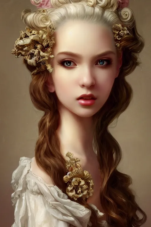 Image similar to pop surrealism, rococo, baroque hair, angelic young female seductive - fine - face, pretty face, key visual, realistic shaded perfect face, fine details by stanley artgerm lau, wlop, mark ryden, andrei riabovitchev, marc simonetti, and sakimichan, trending on artstation