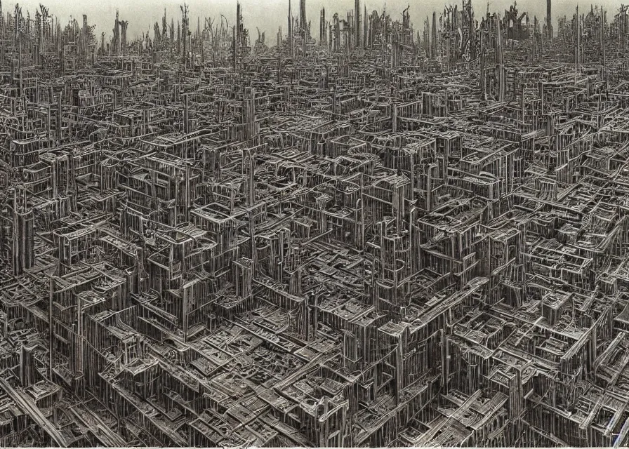Prompt: dystopian metropolis, panoramic view, very complex architecture, ominous, dark, by bruce pennington, by m. c. escher, by roberto matta