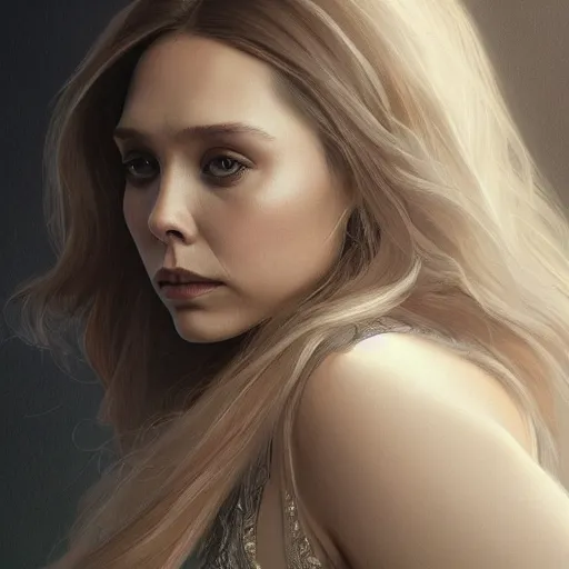 Image similar to full figure ultra realistic illustration, elizabeth olsen as agatha harkness, intricate, elegant, highly detailed, digital painting, artstation, concept art, smooth, sharp focus, illustration, art by artgerm and greg rutkowski and alphonse mucha