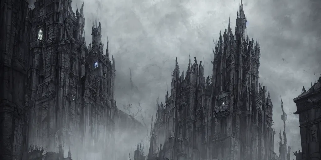 Image similar to grimdark chaos fortress, ruined, terrifying architecture, looming, dark, fog, dark souls, hyperrealistic, artstation