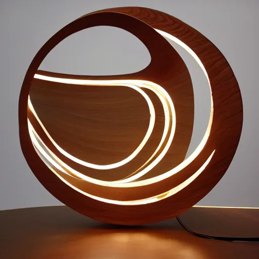 Image similar to circle shaped sculpture, curves, wood, lights